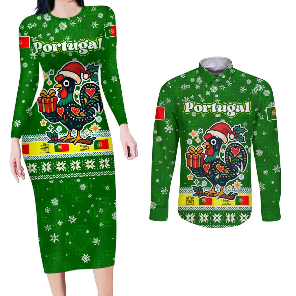Portugal Christmas Couples Matching Long Sleeve Bodycon Dress and Long Sleeve Button Shirt with Green Galo de Barcelos Rooster Santa Hat and Gift - Wonder Print Shop