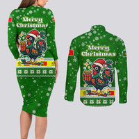 Portugal Christmas Couples Matching Long Sleeve Bodycon Dress and Long Sleeve Button Shirt with Green Galo de Barcelos Rooster Santa Hat and Gift - Wonder Print Shop