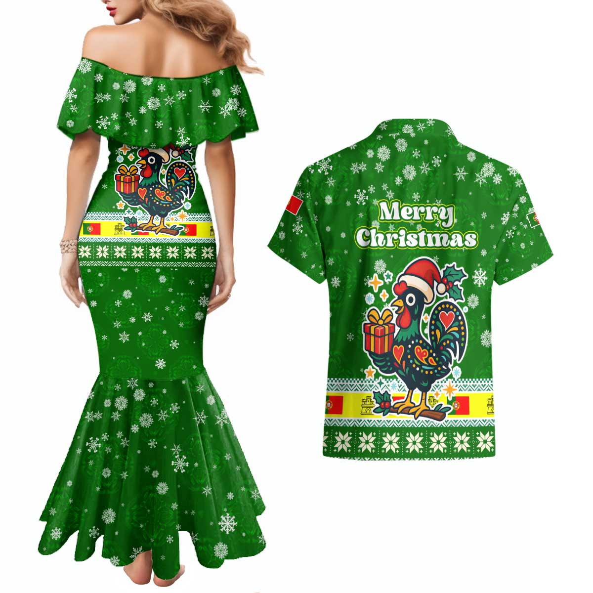 Portugal Christmas Couples Matching Mermaid Dress and Hawaiian Shirt with Green Galo de Barcelos Rooster Santa Hat and Gift - Wonder Print Shop