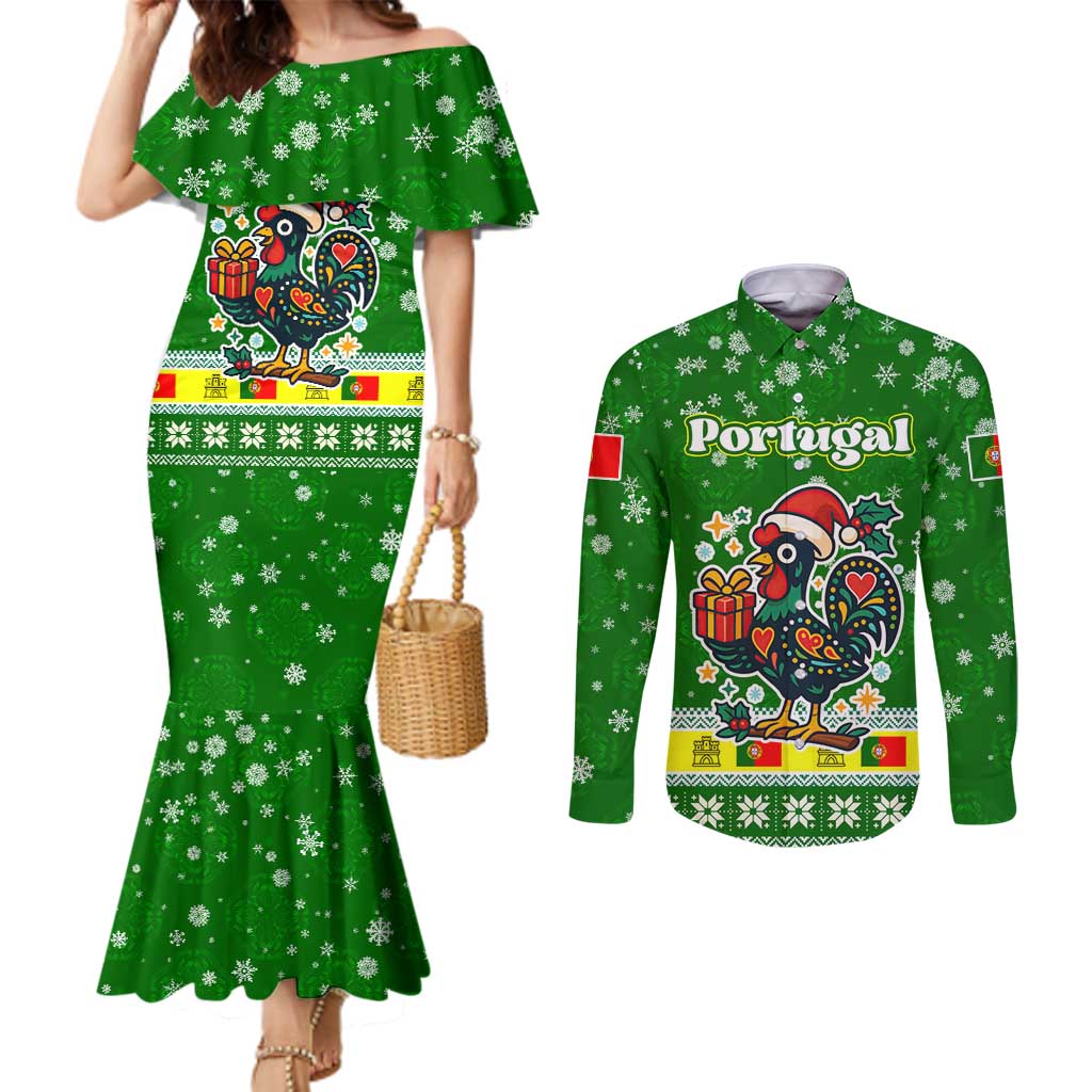 Portugal Christmas Couples Matching Mermaid Dress and Long Sleeve Button Shirt with Green Galo de Barcelos Rooster Santa Hat and Gift - Wonder Print Shop