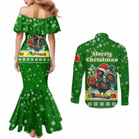 Portugal Christmas Couples Matching Mermaid Dress and Long Sleeve Button Shirt with Green Galo de Barcelos Rooster Santa Hat and Gift - Wonder Print Shop