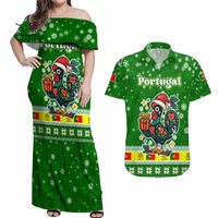 Portugal Christmas Couples Matching Off Shoulder Maxi Dress and Hawaiian Shirt with Green Galo de Barcelos Rooster Santa Hat and Gift - Wonder Print Shop