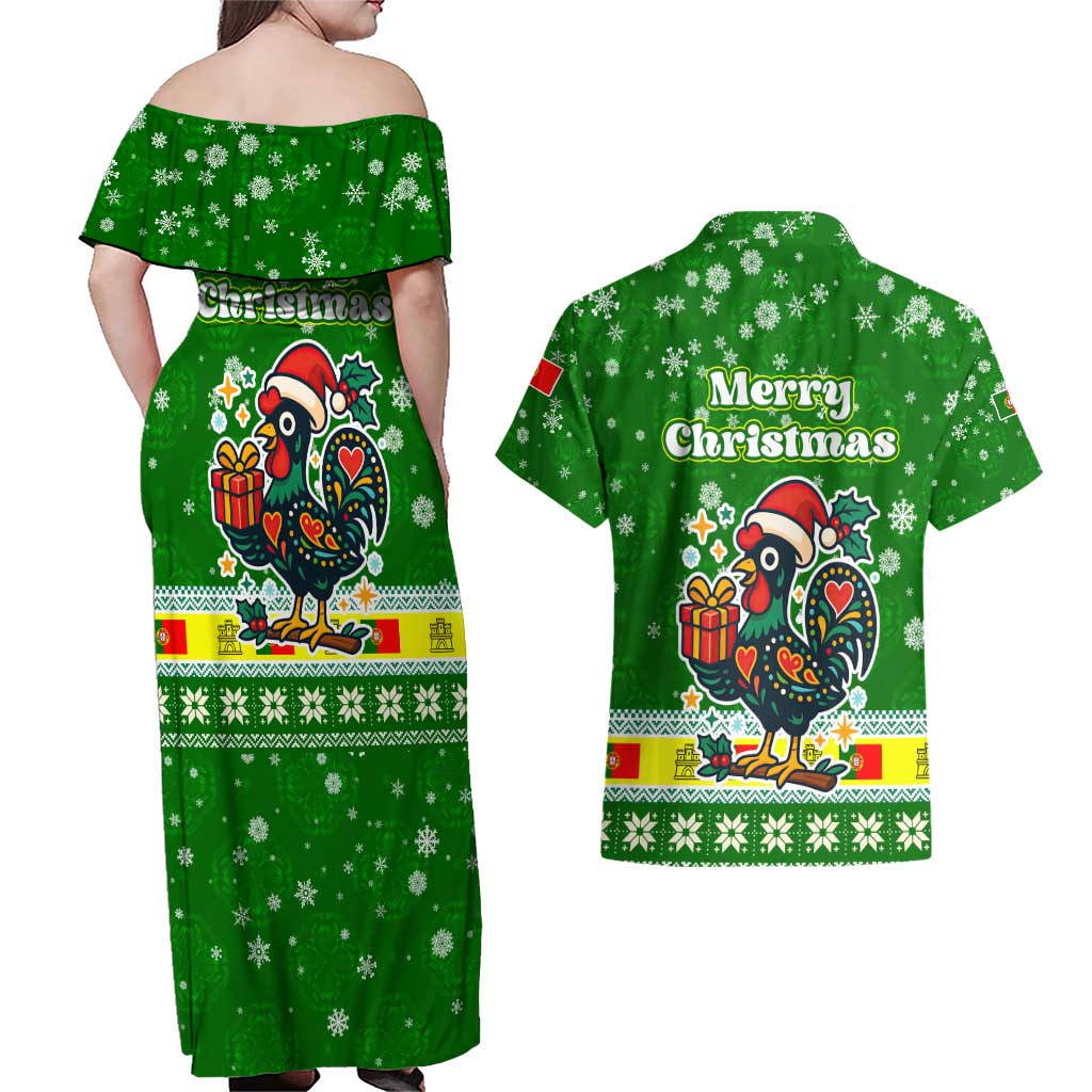 Portugal Christmas Couples Matching Off Shoulder Maxi Dress and Hawaiian Shirt with Green Galo de Barcelos Rooster Santa Hat and Gift - Wonder Print Shop