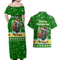 Portugal Christmas Couples Matching Off Shoulder Maxi Dress and Hawaiian Shirt with Green Galo de Barcelos Rooster Santa Hat and Gift - Wonder Print Shop