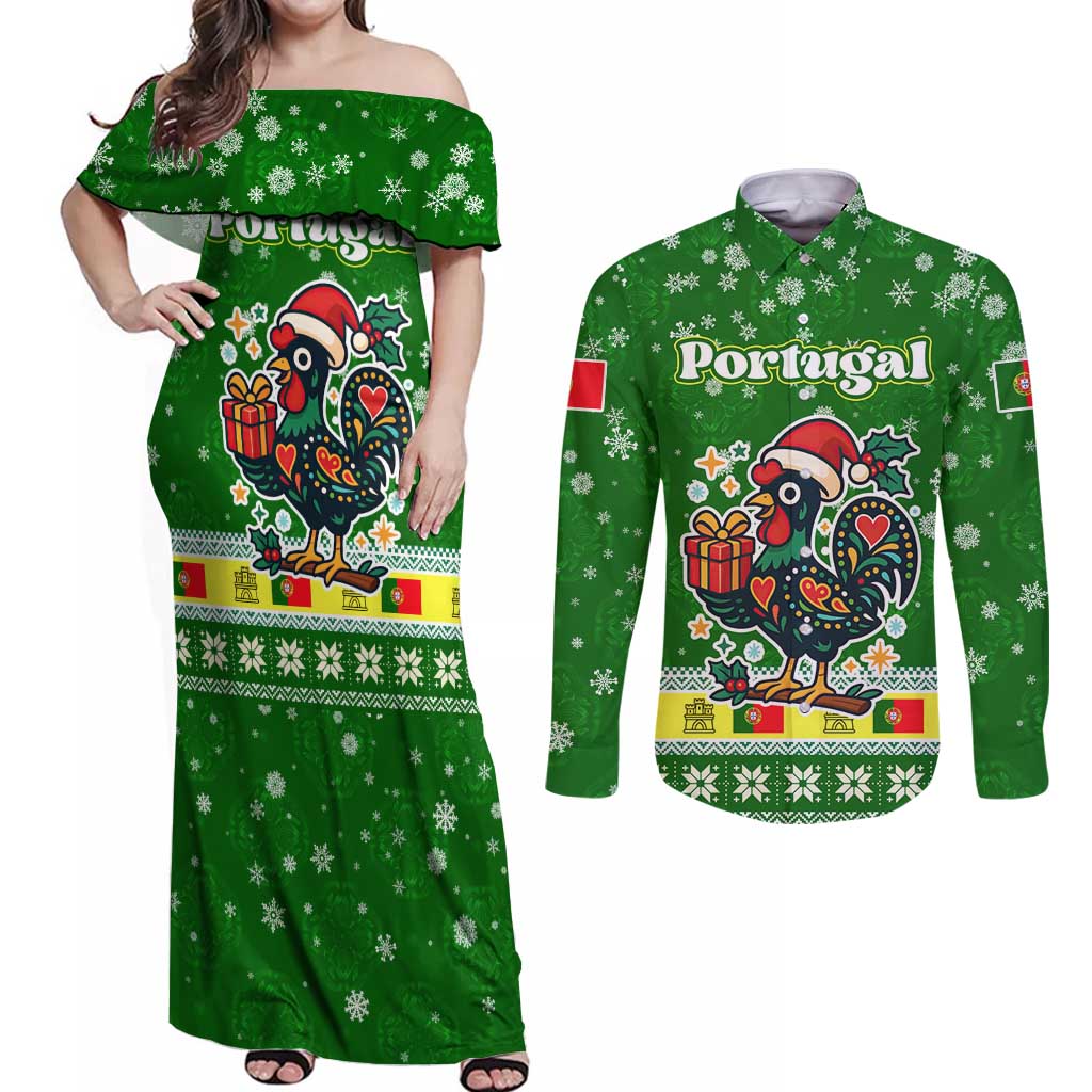 Portugal Christmas Couples Matching Off Shoulder Maxi Dress and Long Sleeve Button Shirt with Green Galo de Barcelos Rooster Santa Hat and Gift - Wonder Print Shop