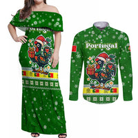Portugal Christmas Couples Matching Off Shoulder Maxi Dress and Long Sleeve Button Shirt with Green Galo de Barcelos Rooster Santa Hat and Gift - Wonder Print Shop