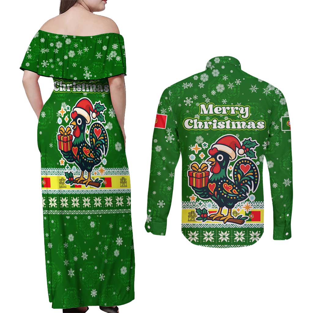 Portugal Christmas Couples Matching Off Shoulder Maxi Dress and Long Sleeve Button Shirt with Green Galo de Barcelos Rooster Santa Hat and Gift - Wonder Print Shop