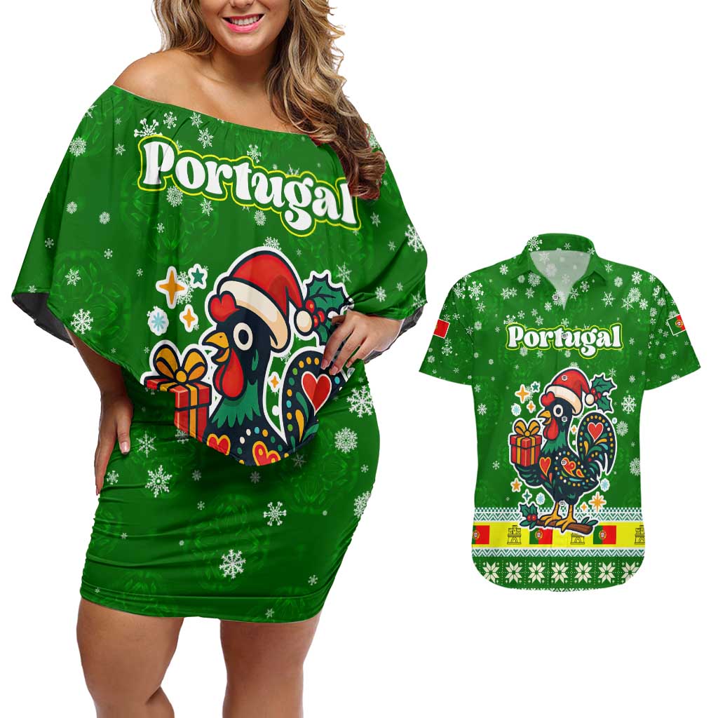 Portugal Christmas Couples Matching Off Shoulder Short Dress and Hawaiian Shirt with Green Galo de Barcelos Rooster Santa Hat and Gift - Wonder Print Shop