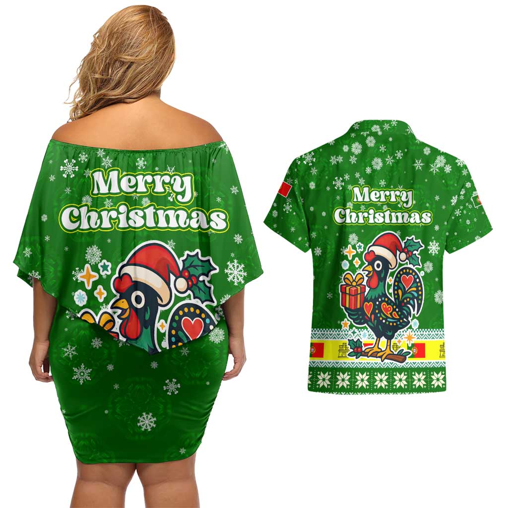 Portugal Christmas Couples Matching Off Shoulder Short Dress and Hawaiian Shirt with Green Galo de Barcelos Rooster Santa Hat and Gift - Wonder Print Shop