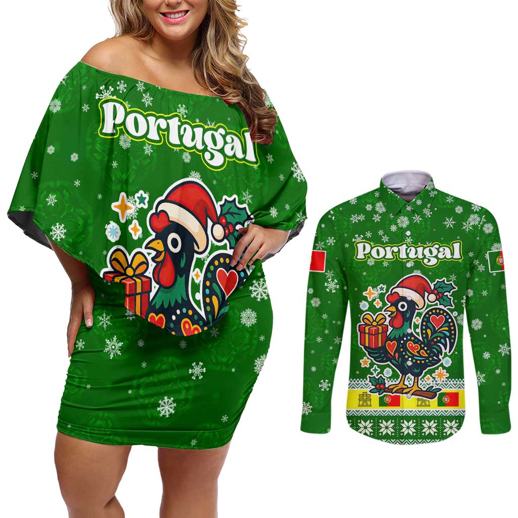 Portugal Christmas Couples Matching Off Shoulder Short Dress and Long Sleeve Button Shirt with Green Galo de Barcelos Rooster Santa Hat and Gift - Wonder Print Shop
