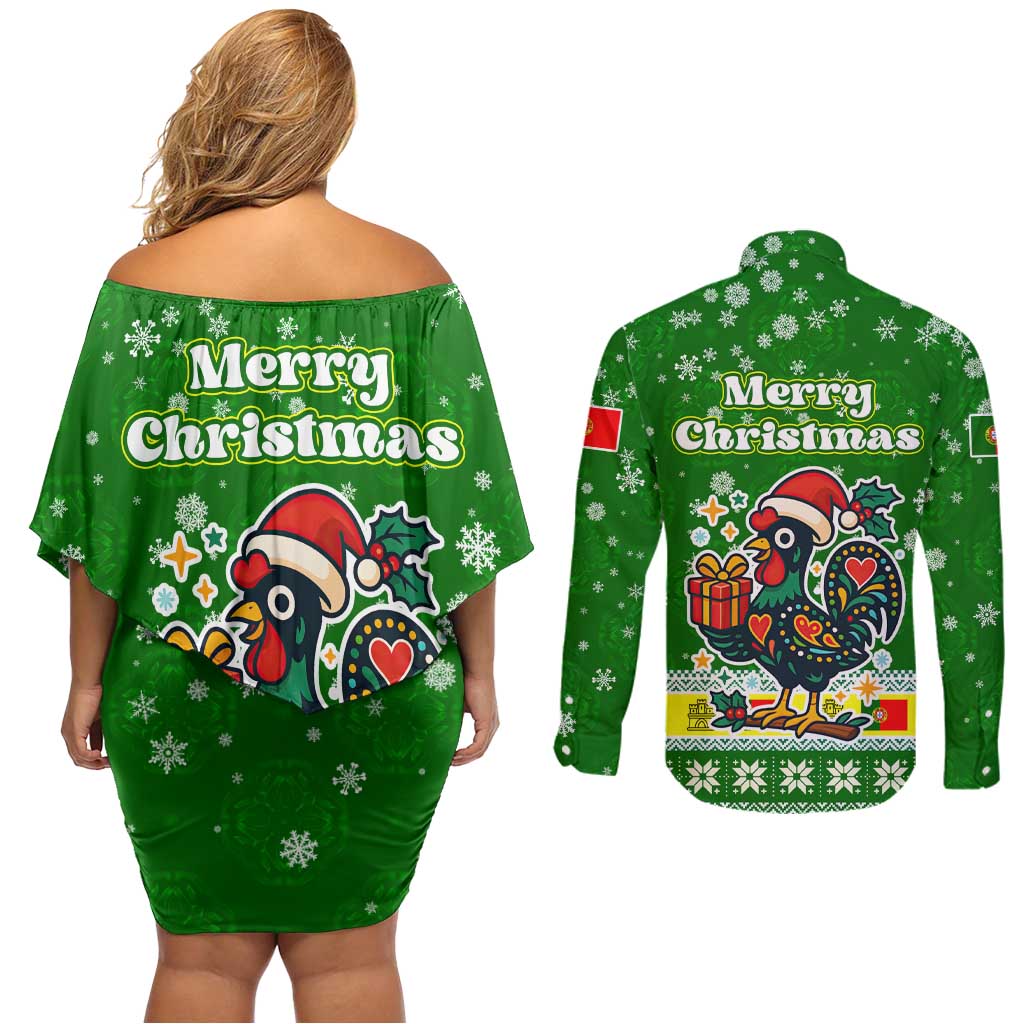 Portugal Christmas Couples Matching Off Shoulder Short Dress and Long Sleeve Button Shirt with Green Galo de Barcelos Rooster Santa Hat and Gift - Wonder Print Shop
