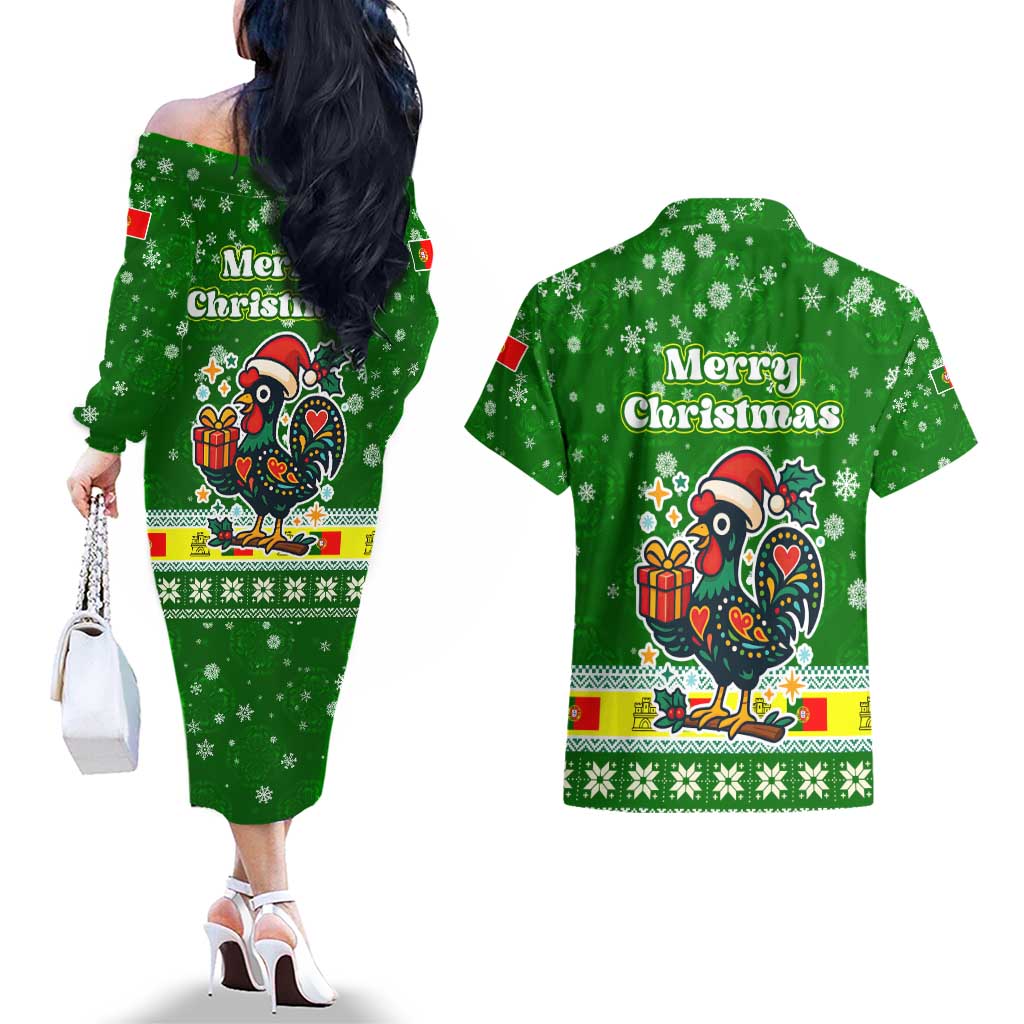 Portugal Christmas Couples Matching Off The Shoulder Long Sleeve Dress and Hawaiian Shirt with Green Galo de Barcelos Rooster Santa Hat and Gift - Wonder Print Shop