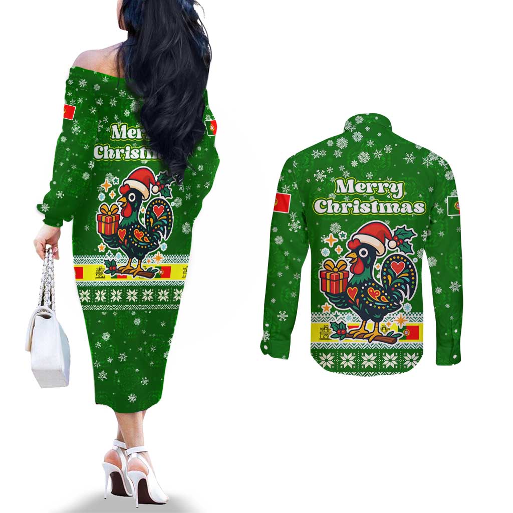 Portugal Christmas Couples Matching Off The Shoulder Long Sleeve Dress and Long Sleeve Button Shirt with Green Galo de Barcelos Rooster Santa Hat and Gift - Wonder Print Shop