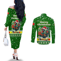 Portugal Christmas Couples Matching Off The Shoulder Long Sleeve Dress and Long Sleeve Button Shirt with Green Galo de Barcelos Rooster Santa Hat and Gift - Wonder Print Shop