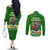Portugal Christmas Couples Matching Off The Shoulder Long Sleeve Dress and Long Sleeve Button Shirt with Green Galo de Barcelos Rooster Santa Hat and Gift - Wonder Print Shop