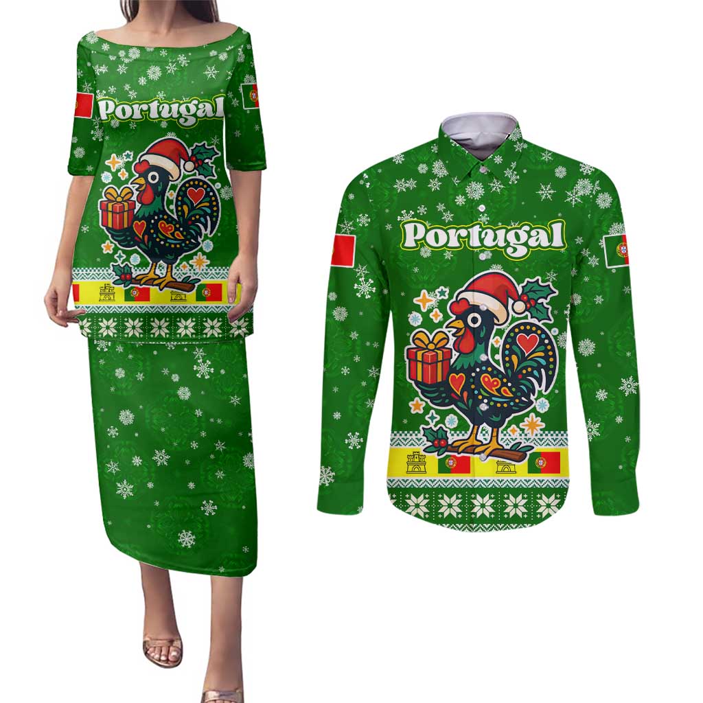 Portugal Christmas Couples Matching Puletasi and Long Sleeve Button Shirt with Green Galo de Barcelos Rooster Santa Hat and Gift - Wonder Print Shop