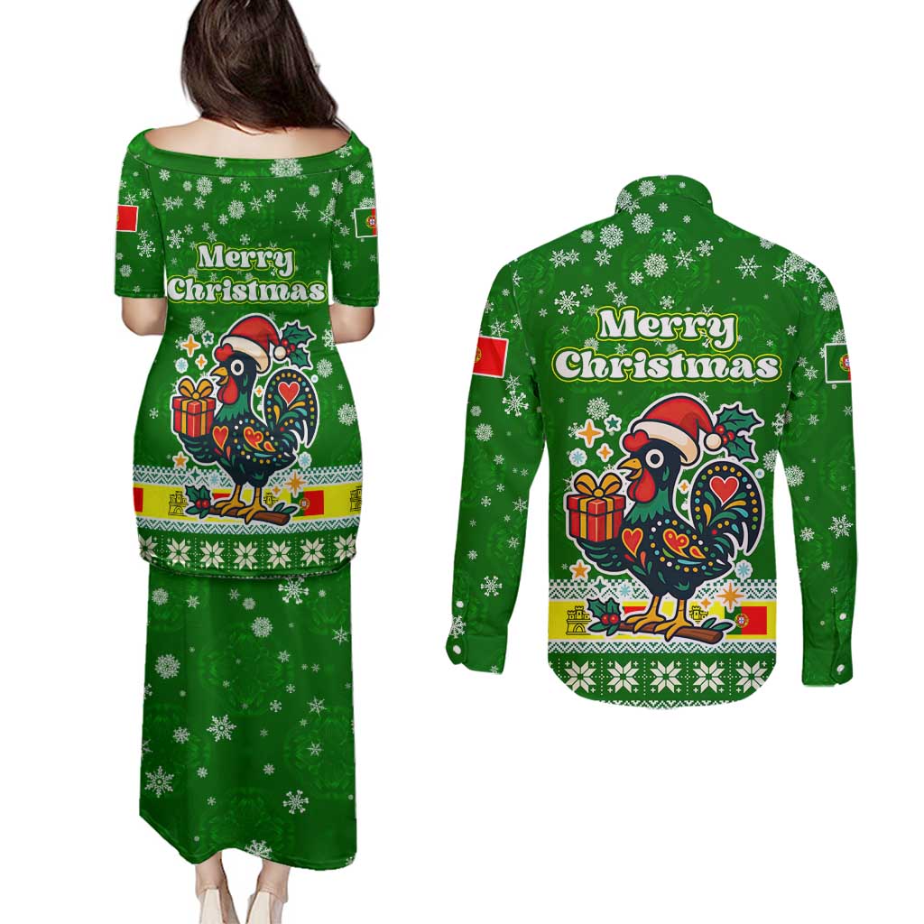 Portugal Christmas Couples Matching Puletasi and Long Sleeve Button Shirt with Green Galo de Barcelos Rooster Santa Hat and Gift - Wonder Print Shop