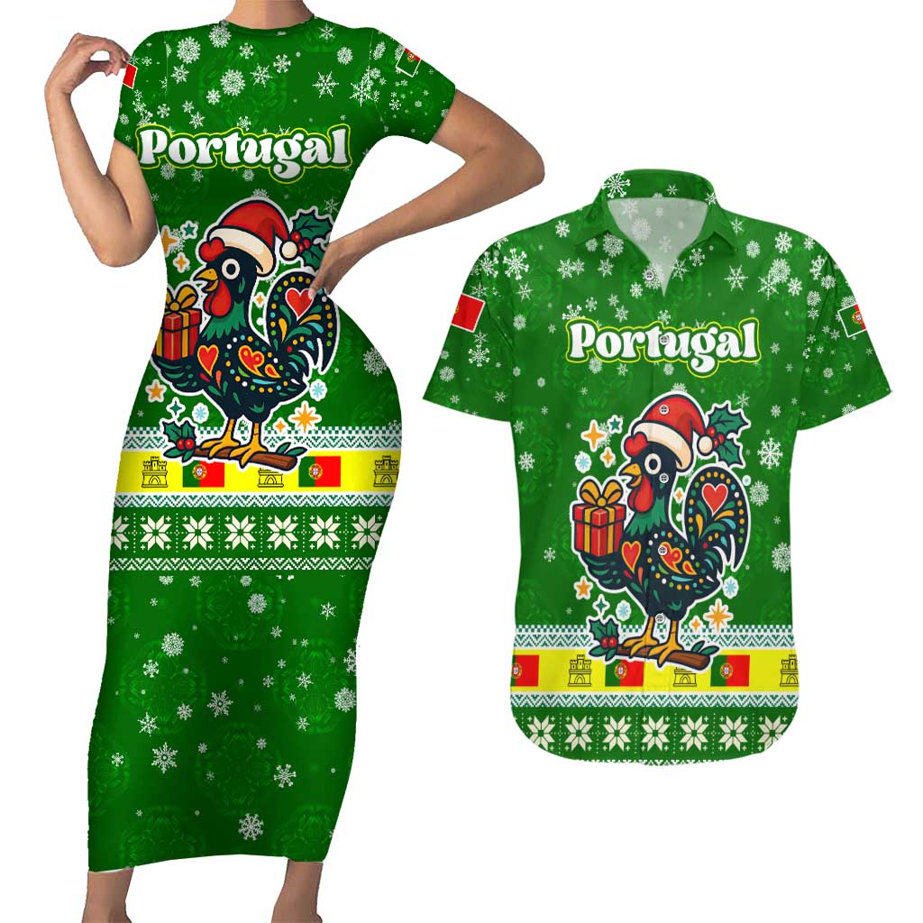 Portugal Christmas Couples Matching Short Sleeve Bodycon Dress and Hawaiian Shirt with Green Galo de Barcelos Rooster Santa Hat and Gift - Wonder Print Shop