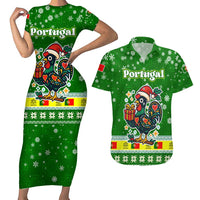 Portugal Christmas Couples Matching Short Sleeve Bodycon Dress and Hawaiian Shirt with Green Galo de Barcelos Rooster Santa Hat and Gift - Wonder Print Shop