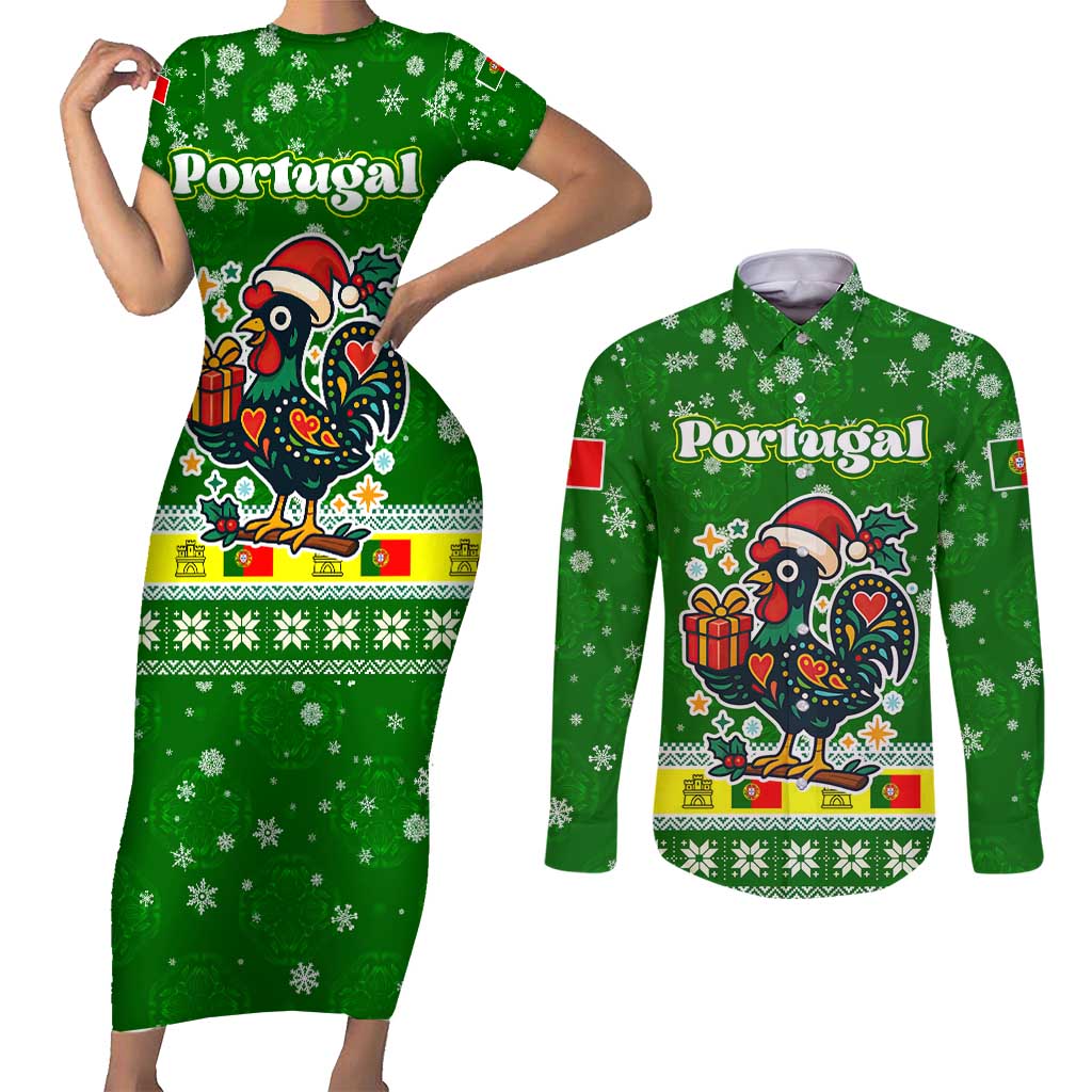 Portugal Christmas Couples Matching Short Sleeve Bodycon Dress and Long Sleeve Button Shirt with Green Galo de Barcelos Rooster Santa Hat and Gift - Wonder Print Shop
