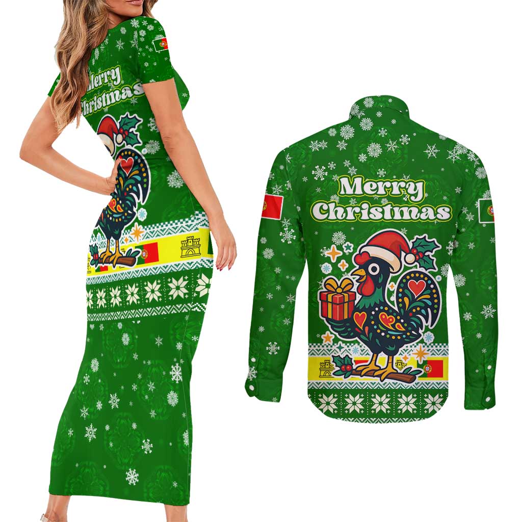 Portugal Christmas Couples Matching Short Sleeve Bodycon Dress and Long Sleeve Button Shirt with Green Galo de Barcelos Rooster Santa Hat and Gift - Wonder Print Shop