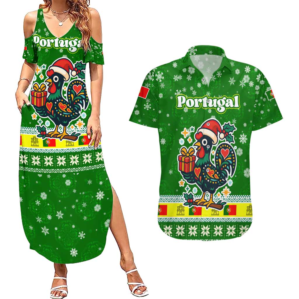 Portugal Christmas Couples Matching Summer Maxi Dress and Hawaiian Shirt with Green Galo de Barcelos Rooster Santa Hat and Gift - Wonder Print Shop