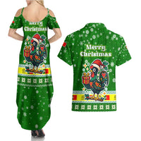 Portugal Christmas Couples Matching Summer Maxi Dress and Hawaiian Shirt with Green Galo de Barcelos Rooster Santa Hat and Gift - Wonder Print Shop