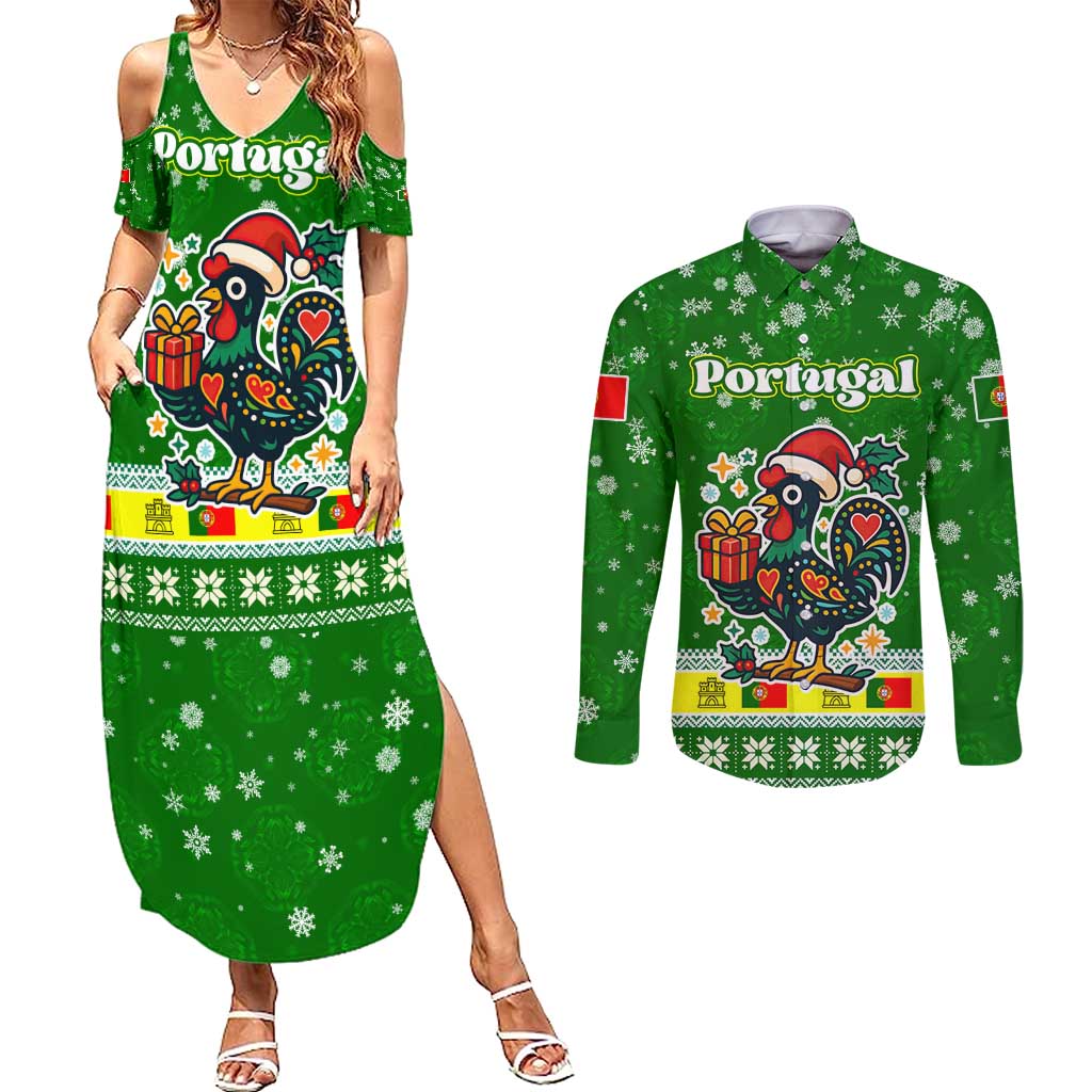Portugal Christmas Couples Matching Summer Maxi Dress and Long Sleeve Button Shirt with Green Galo de Barcelos Rooster Santa Hat and Gift - Wonder Print Shop