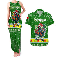 Portugal Christmas Couples Matching Tank Maxi Dress and Hawaiian Shirt with Green Galo de Barcelos Rooster Santa Hat and Gift - Wonder Print Shop