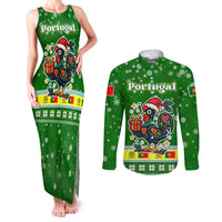 Portugal Christmas Couples Matching Tank Maxi Dress and Long Sleeve Button Shirt with Green Galo de Barcelos Rooster Santa Hat and Gift - Wonder Print Shop