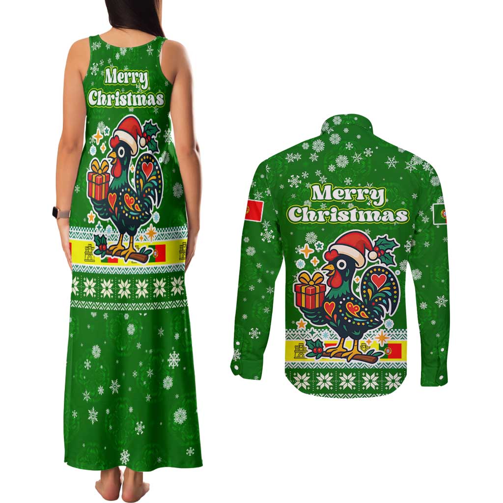 Portugal Christmas Couples Matching Tank Maxi Dress and Long Sleeve Button Shirt with Green Galo de Barcelos Rooster Santa Hat and Gift - Wonder Print Shop