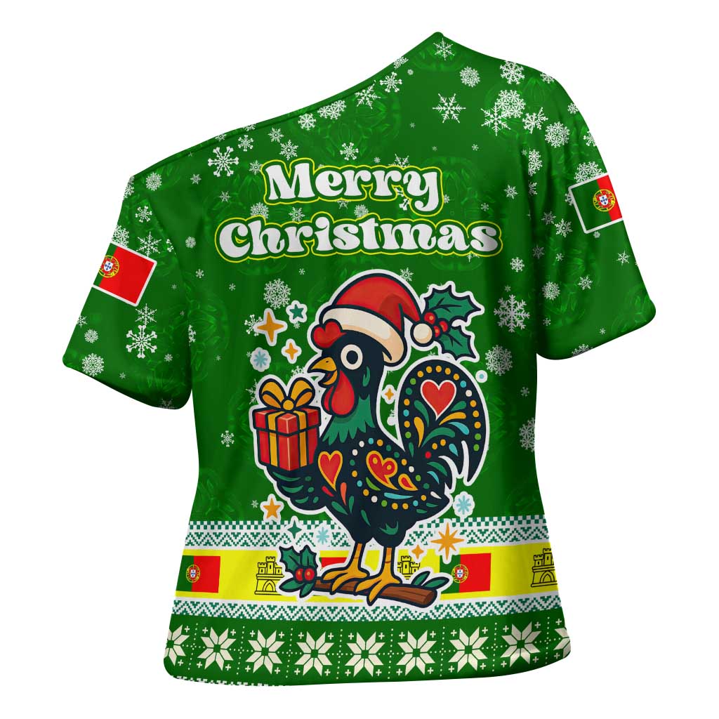 Portugal Christmas Cross Shoulder Shirt with Green Galo de Barcelos Rooster Santa Hat and Gift - Wonder Print Shop