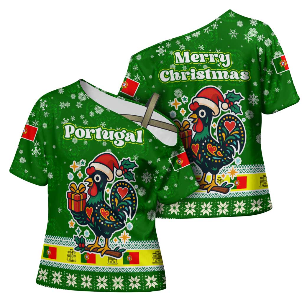 Portugal Christmas Cross Shoulder Shirt with Green Galo de Barcelos Rooster Santa Hat and Gift - Wonder Print Shop
