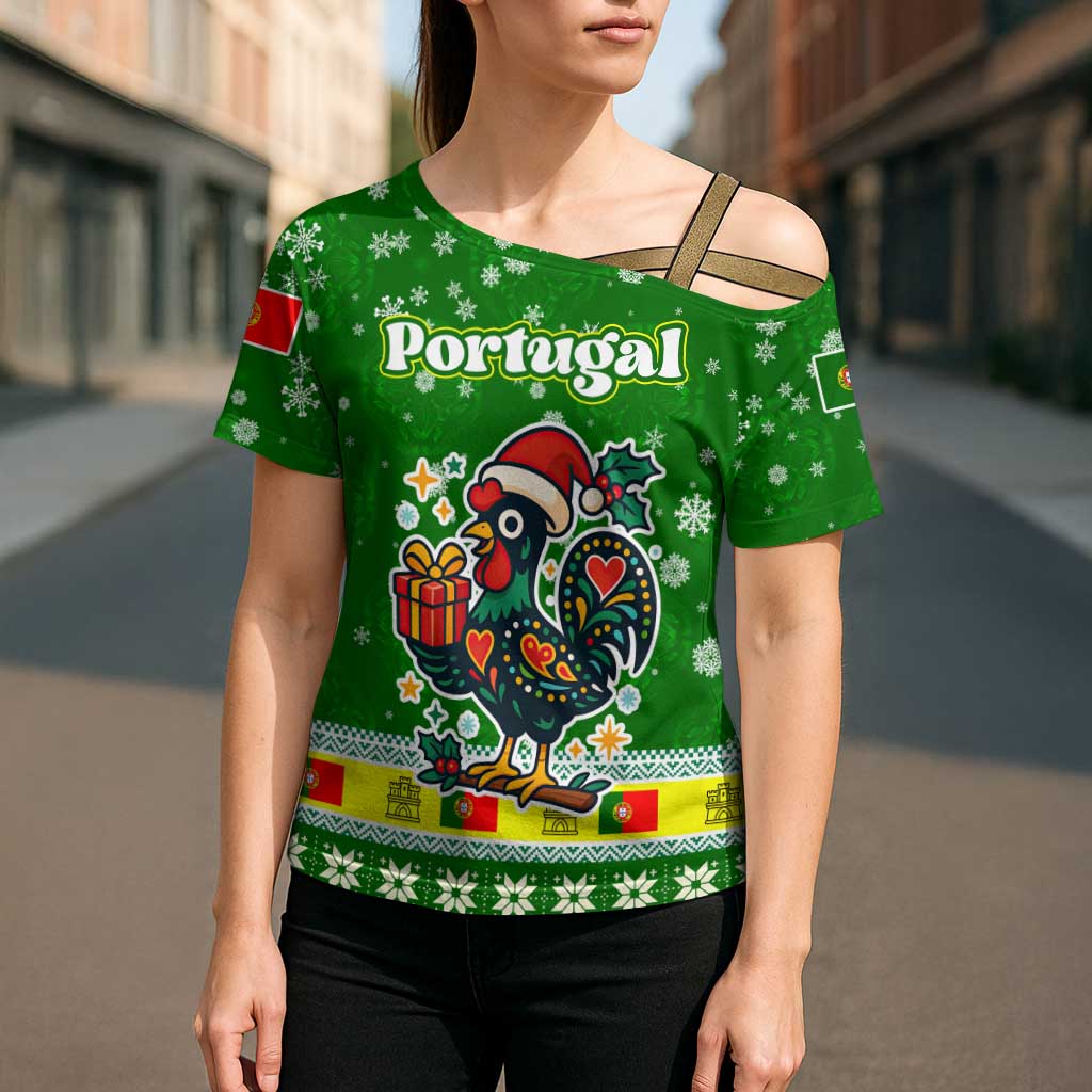 Portugal Christmas Cross Shoulder Shirt with Green Galo de Barcelos Rooster Santa Hat and Gift - Wonder Print Shop