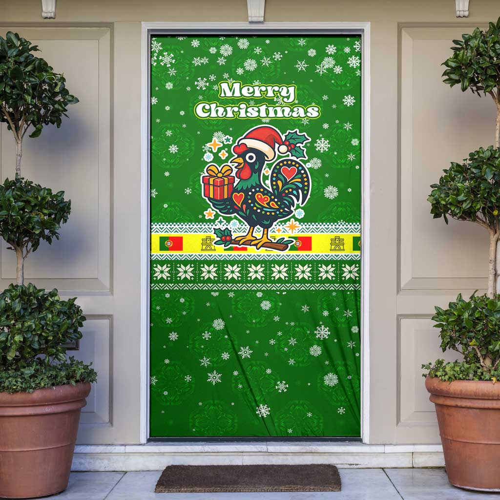 Portugal Christmas Door Cover with Green Galo de Barcelos Rooster Santa Hat and Gift - Wonder Print Shop