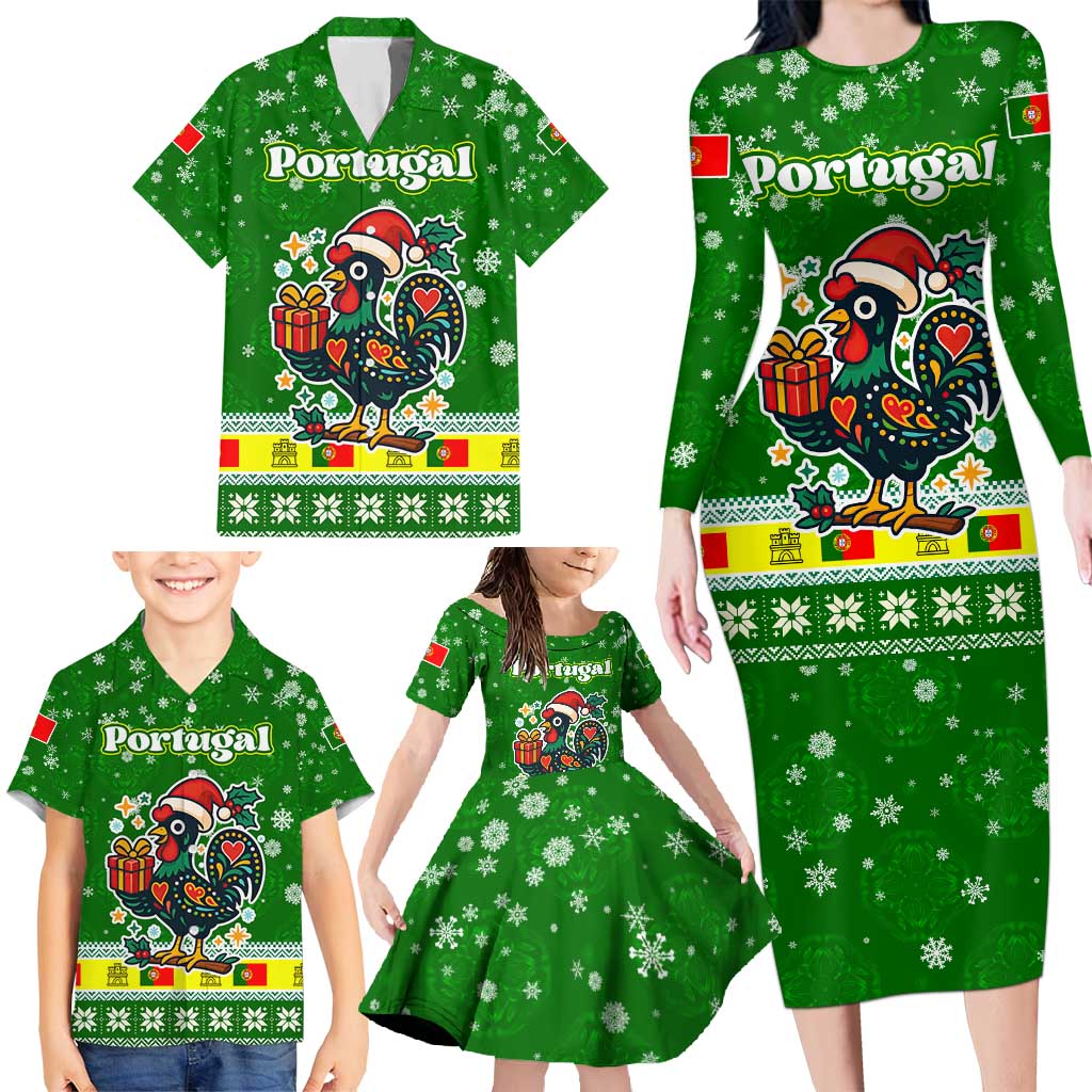 Portugal Christmas Family Matching Long Sleeve Bodycon Dress and Hawaiian Shirt with Green Galo de Barcelos Rooster Santa Hat and Gift - Wonder Print Shop