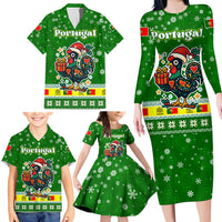 Portugal Christmas Family Matching Long Sleeve Bodycon Dress and Hawaiian Shirt with Green Galo de Barcelos Rooster Santa Hat and Gift - Wonder Print Shop