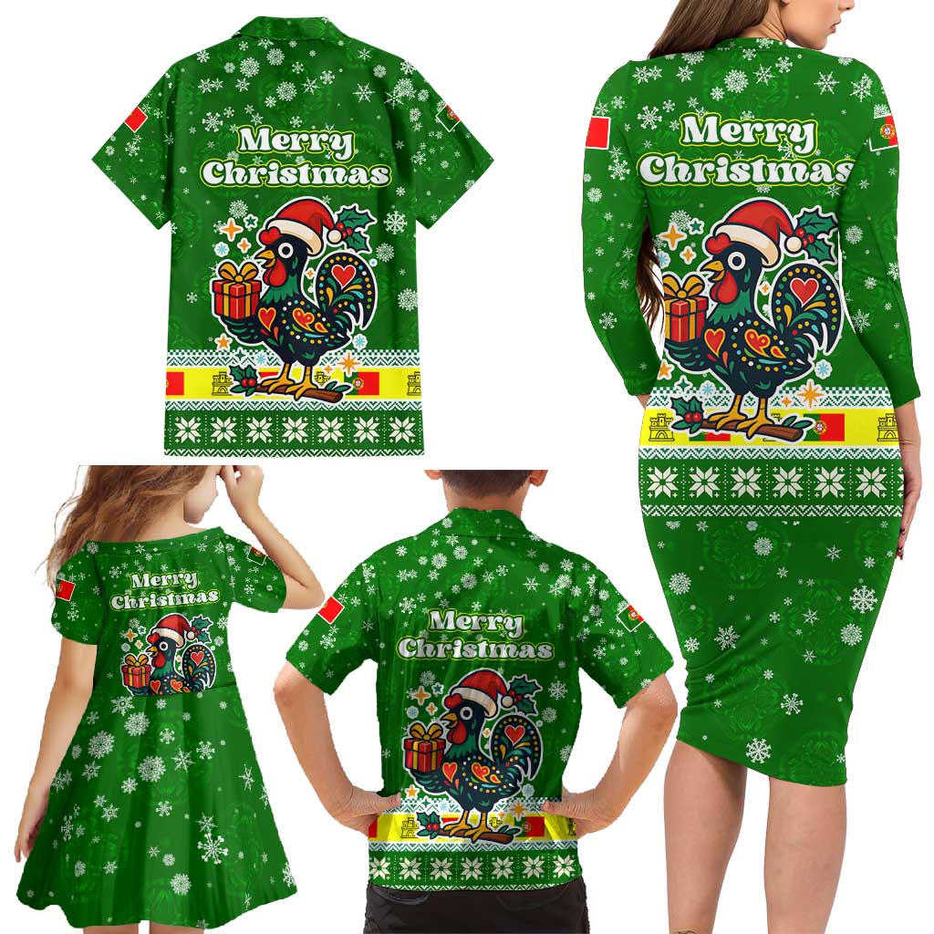 Portugal Christmas Family Matching Long Sleeve Bodycon Dress and Hawaiian Shirt with Green Galo de Barcelos Rooster Santa Hat and Gift - Wonder Print Shop