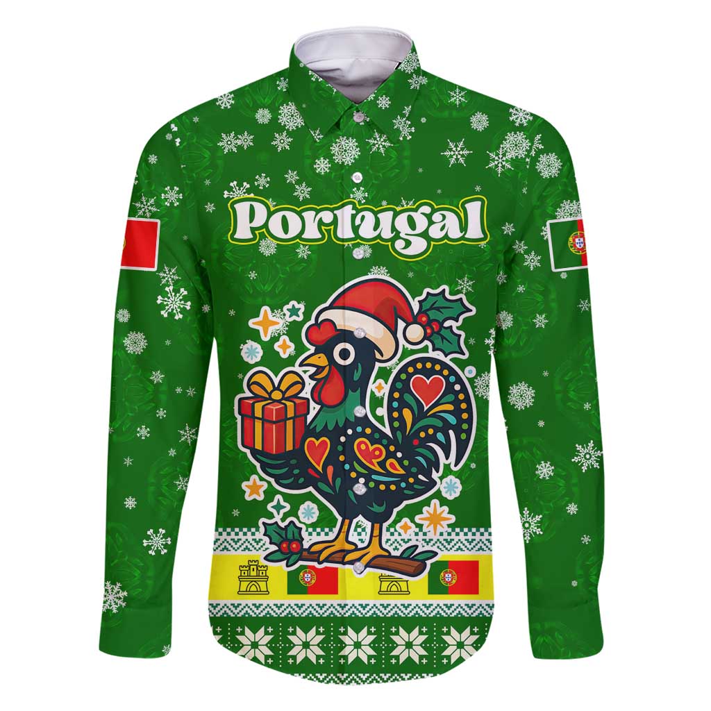 Portugal Christmas Family Matching Long Sleeve Bodycon Dress and Hawaiian Shirt with Green Galo de Barcelos Rooster Santa Hat and Gift - Wonder Print Shop