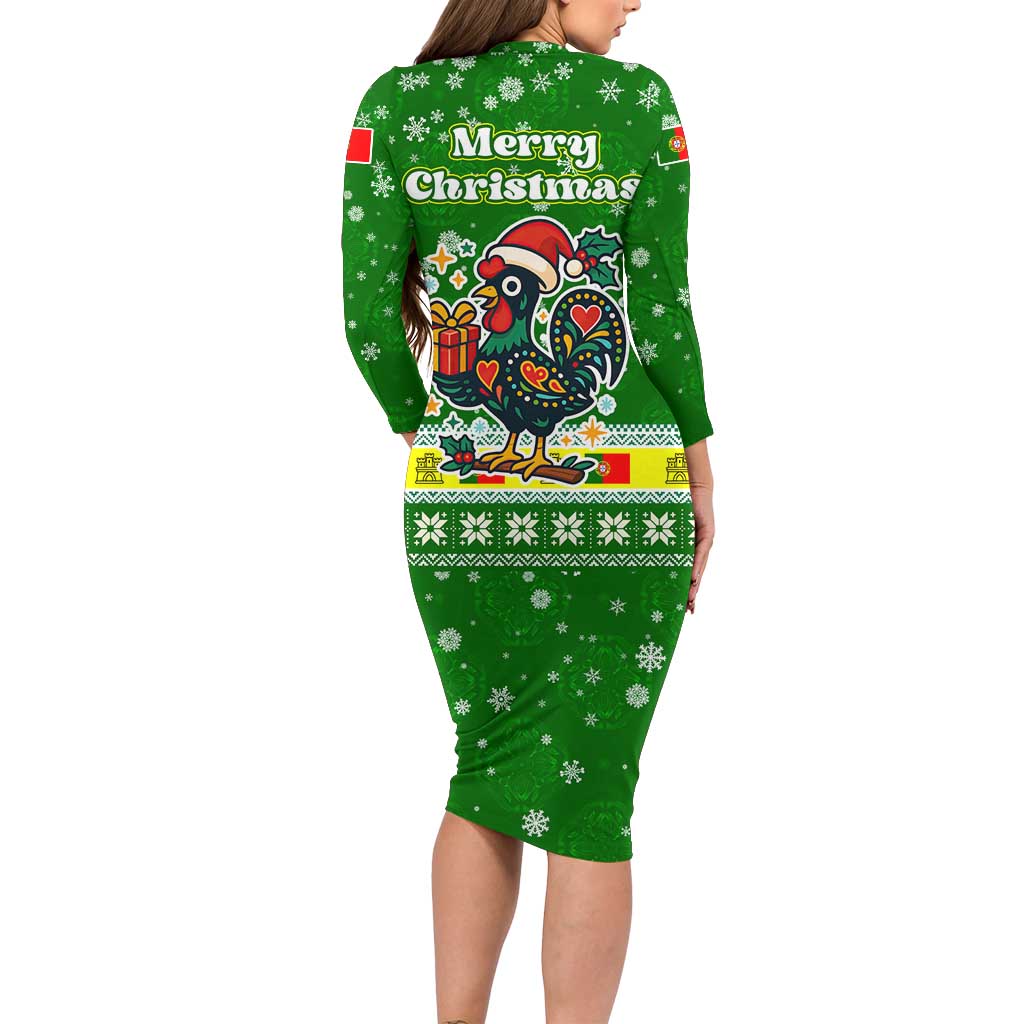 Portugal Christmas Family Matching Long Sleeve Bodycon Dress and Hawaiian Shirt with Green Galo de Barcelos Rooster Santa Hat and Gift - Wonder Print Shop