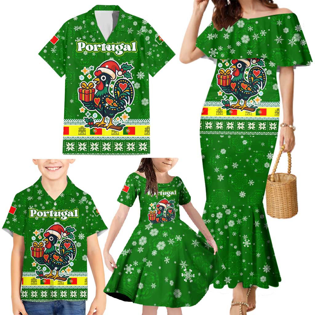Portugal Christmas Family Matching Mermaid Dress and Hawaiian Shirt with Green Galo de Barcelos Rooster Santa Hat and Gift - Wonder Print Shop