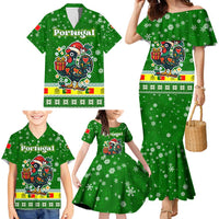 Portugal Christmas Family Matching Mermaid Dress and Hawaiian Shirt with Green Galo de Barcelos Rooster Santa Hat and Gift - Wonder Print Shop