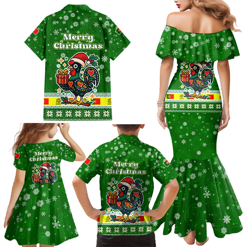 Portugal Christmas Family Matching Mermaid Dress and Hawaiian Shirt with Green Galo de Barcelos Rooster Santa Hat and Gift - Wonder Print Shop