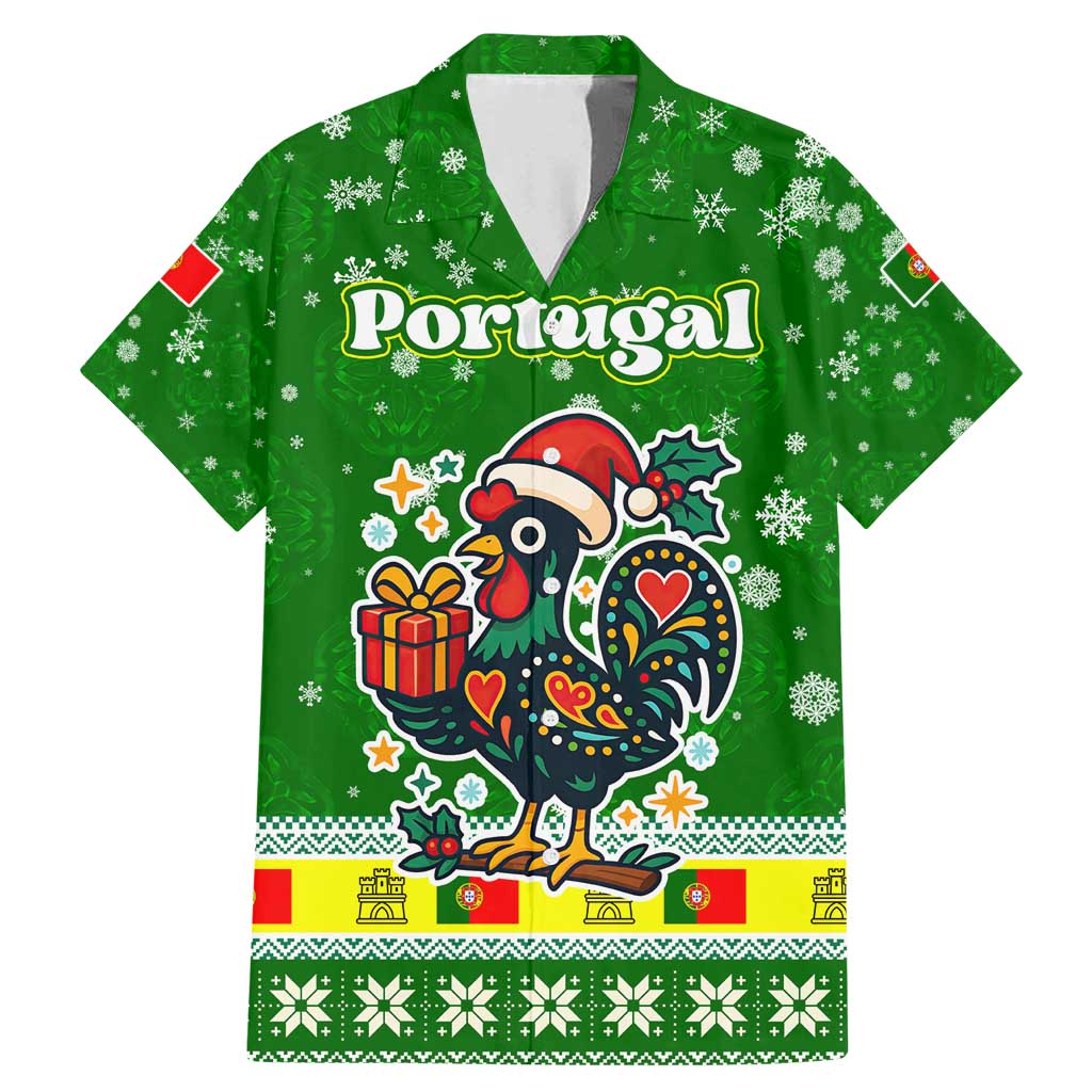 Portugal Christmas Family Matching Mermaid Dress and Hawaiian Shirt with Green Galo de Barcelos Rooster Santa Hat and Gift - Wonder Print Shop