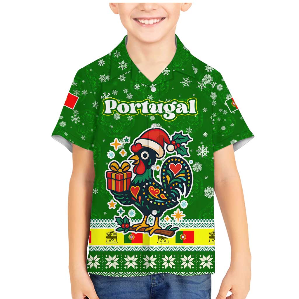 Portugal Christmas Family Matching Mermaid Dress and Hawaiian Shirt with Green Galo de Barcelos Rooster Santa Hat and Gift - Wonder Print Shop