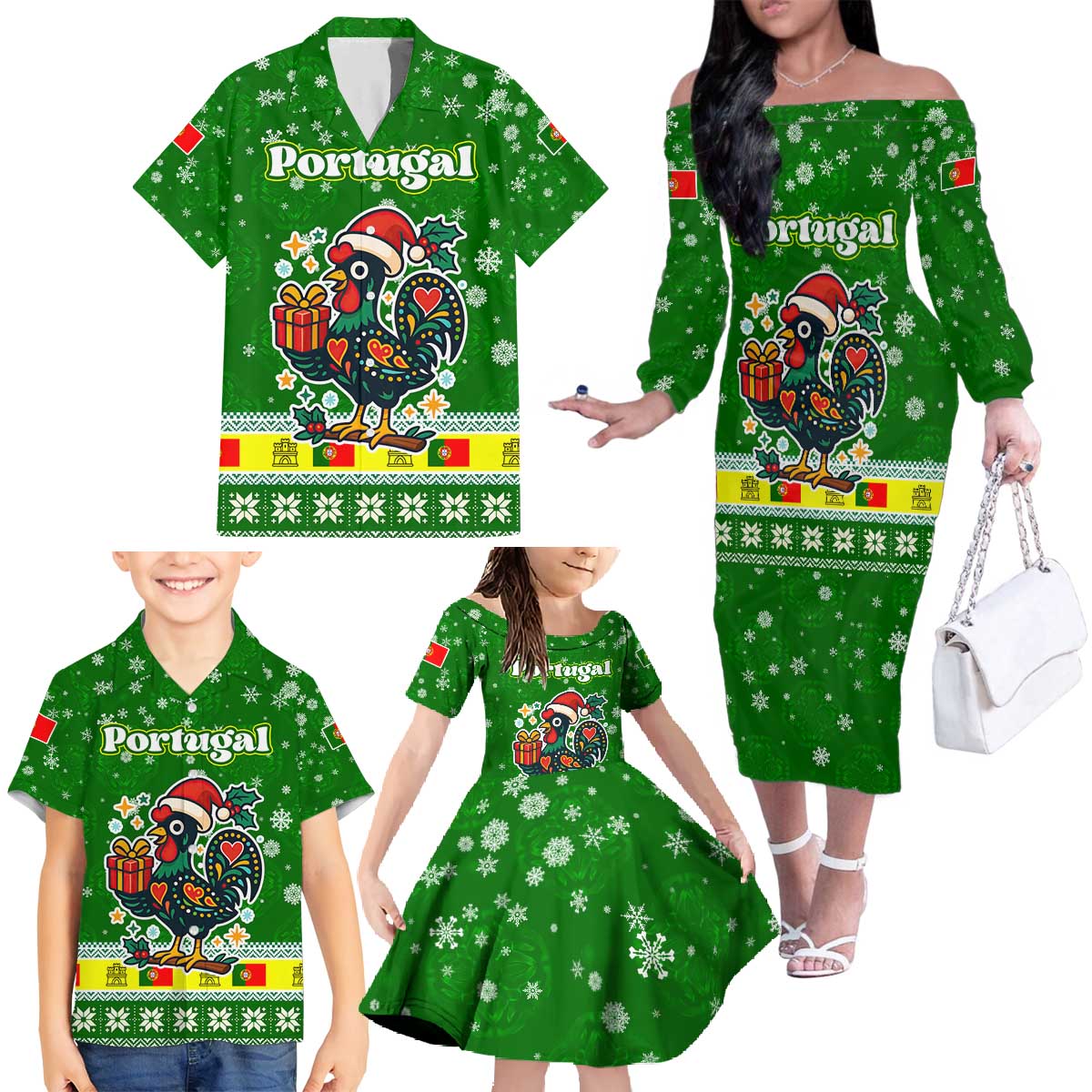 Portugal Christmas Family Matching Off The Shoulder Long Sleeve Dress and Hawaiian Shirt with Green Galo de Barcelos Rooster Santa Hat and Gift - Wonder Print Shop
