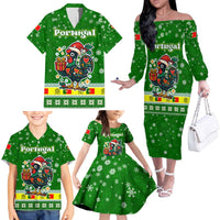 Portugal Christmas Family Matching Off The Shoulder Long Sleeve Dress and Hawaiian Shirt with Green Galo de Barcelos Rooster Santa Hat and Gift - Wonder Print Shop