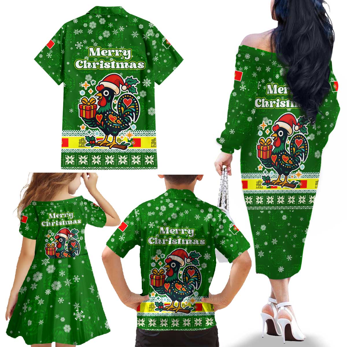 Portugal Christmas Family Matching Off The Shoulder Long Sleeve Dress and Hawaiian Shirt with Green Galo de Barcelos Rooster Santa Hat and Gift - Wonder Print Shop