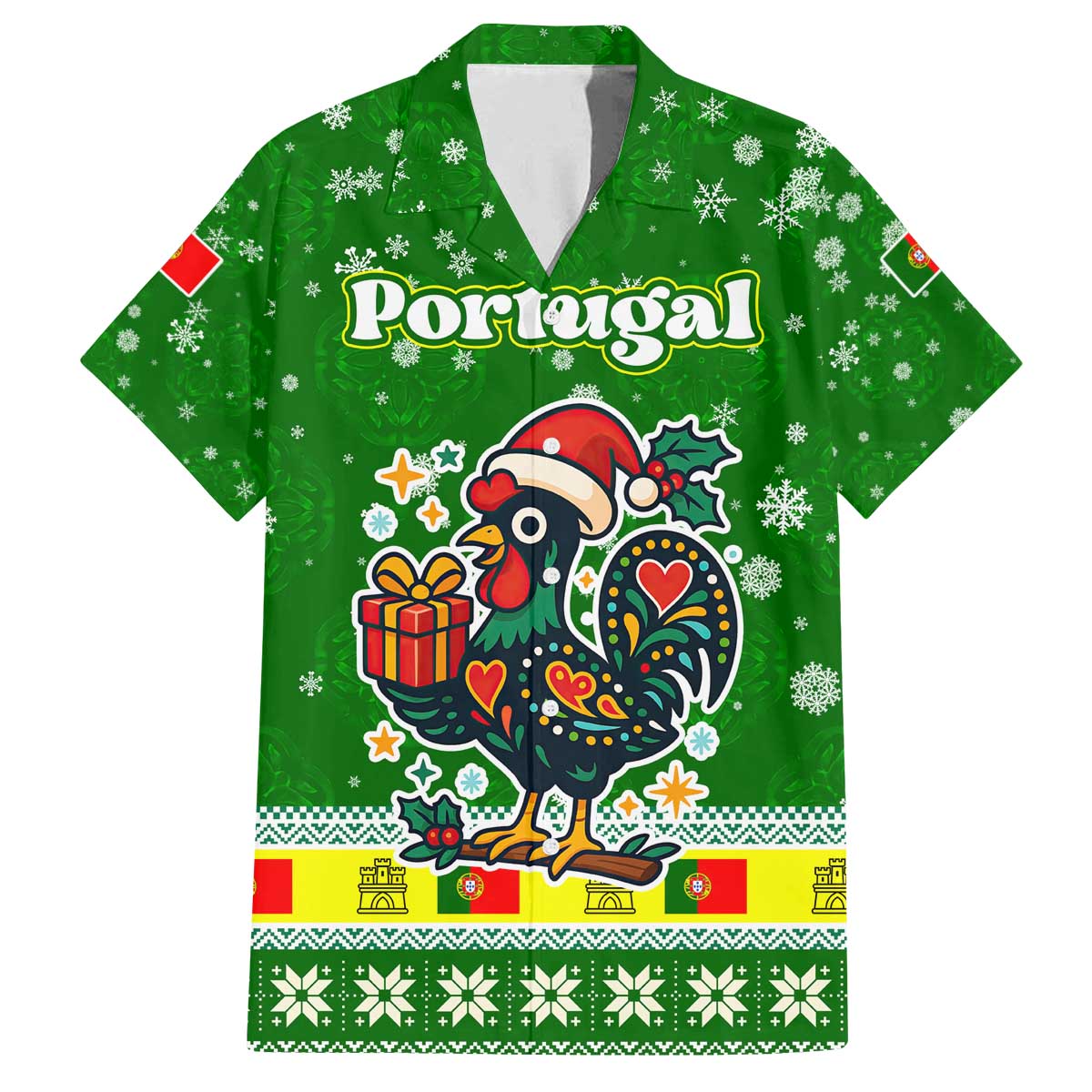 Portugal Christmas Family Matching Off The Shoulder Long Sleeve Dress and Hawaiian Shirt with Green Galo de Barcelos Rooster Santa Hat and Gift - Wonder Print Shop