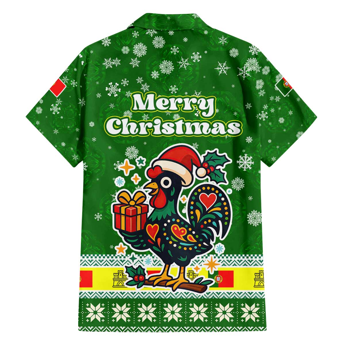 Portugal Christmas Family Matching Off The Shoulder Long Sleeve Dress and Hawaiian Shirt with Green Galo de Barcelos Rooster Santa Hat and Gift - Wonder Print Shop